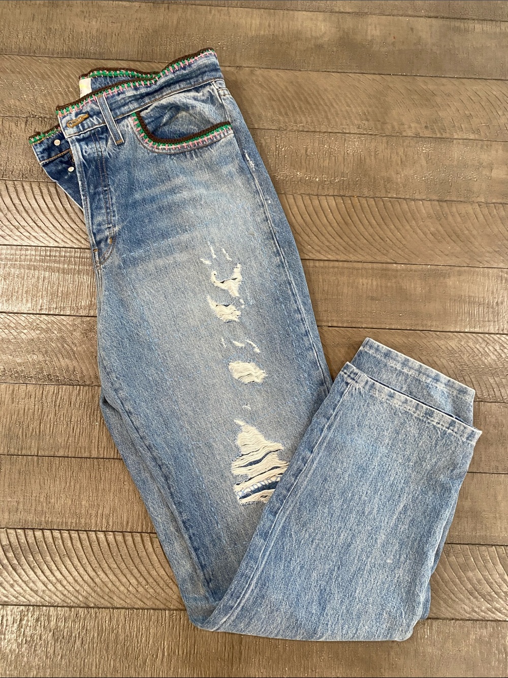 Frame Denim Light Blue Distressed Boyfriend Jeans with Multicolor Trim